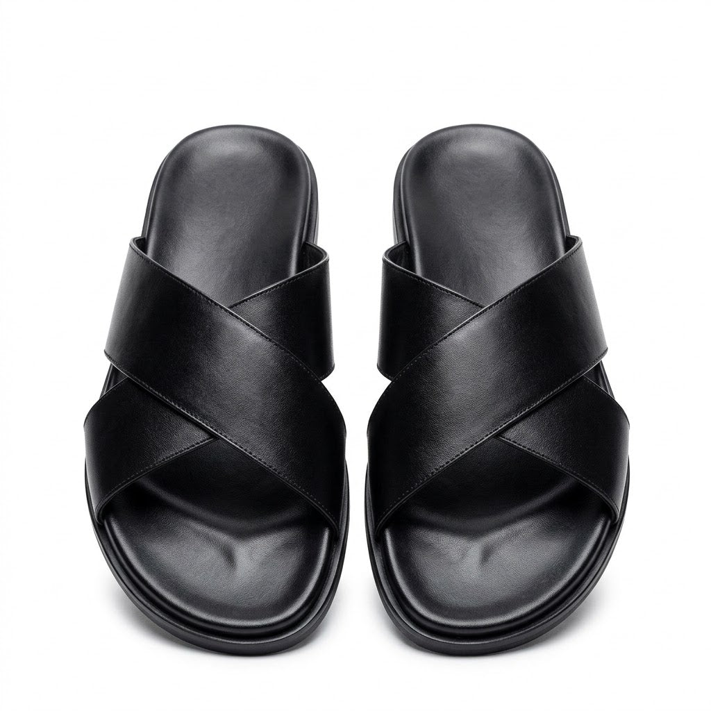 Premium Leather Cross-Strap Slides